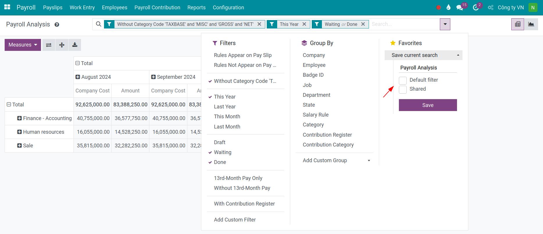 Favourite filters - Viindoo Payroll app