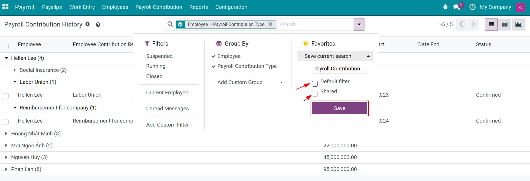 Save to favorites search - Viindoo payroll app