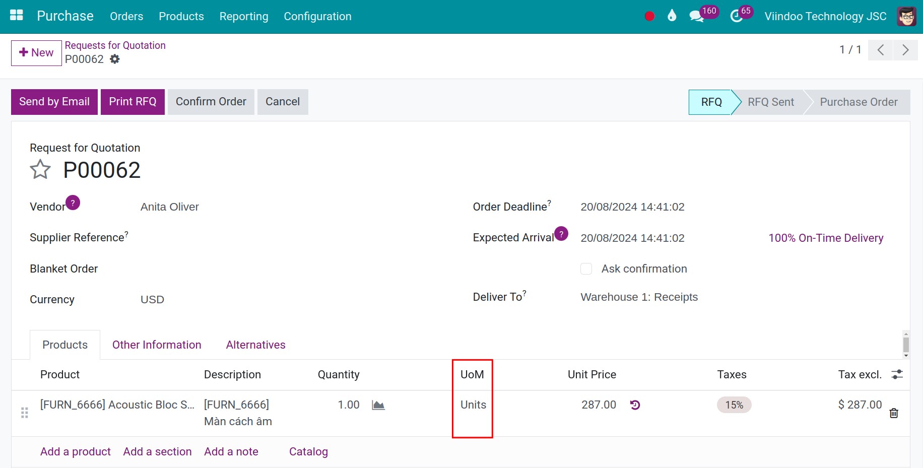 Product in Purchase order - Viindoo