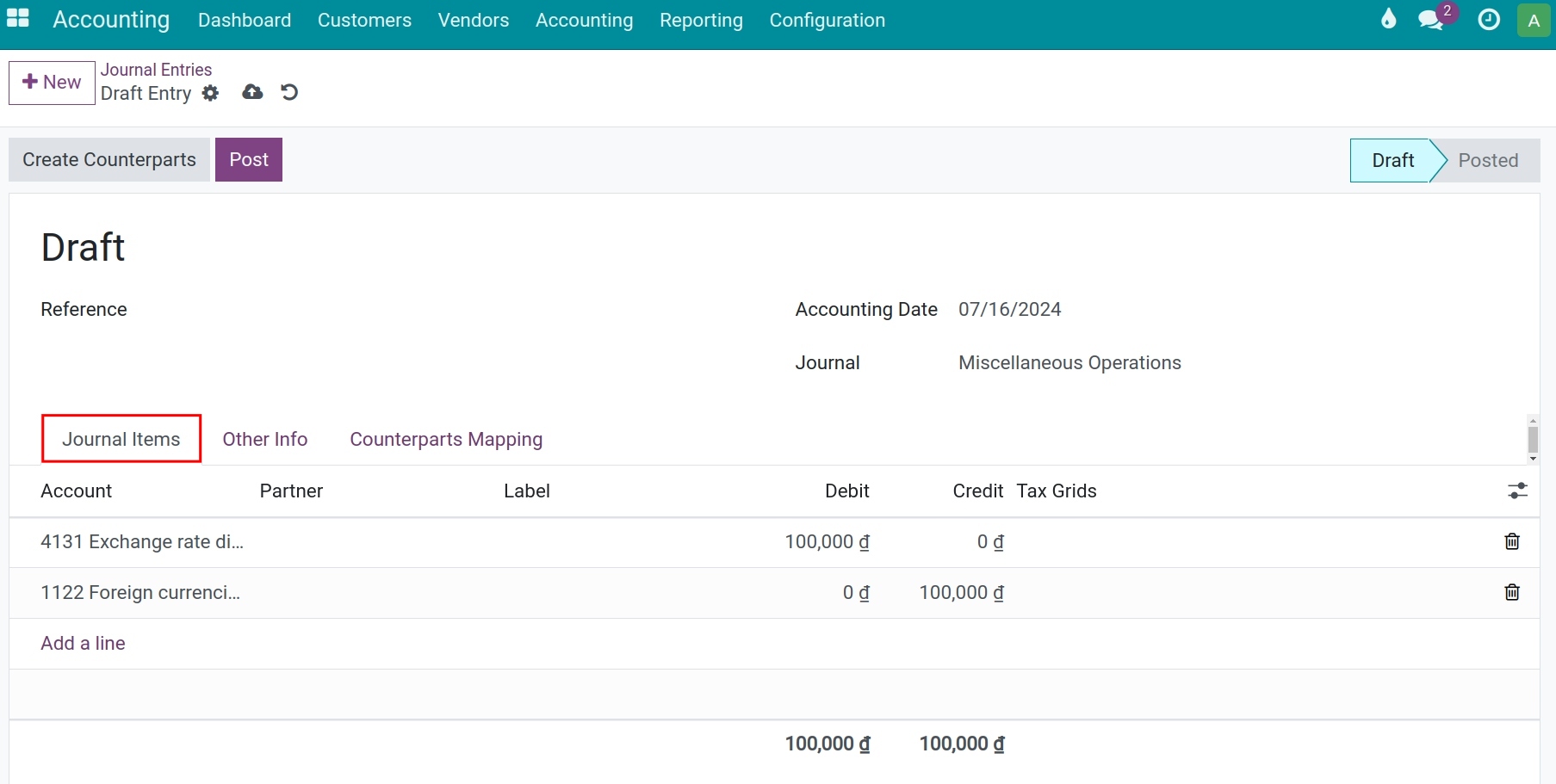 Create journal items related to a journal entry in Viindoo Accounting