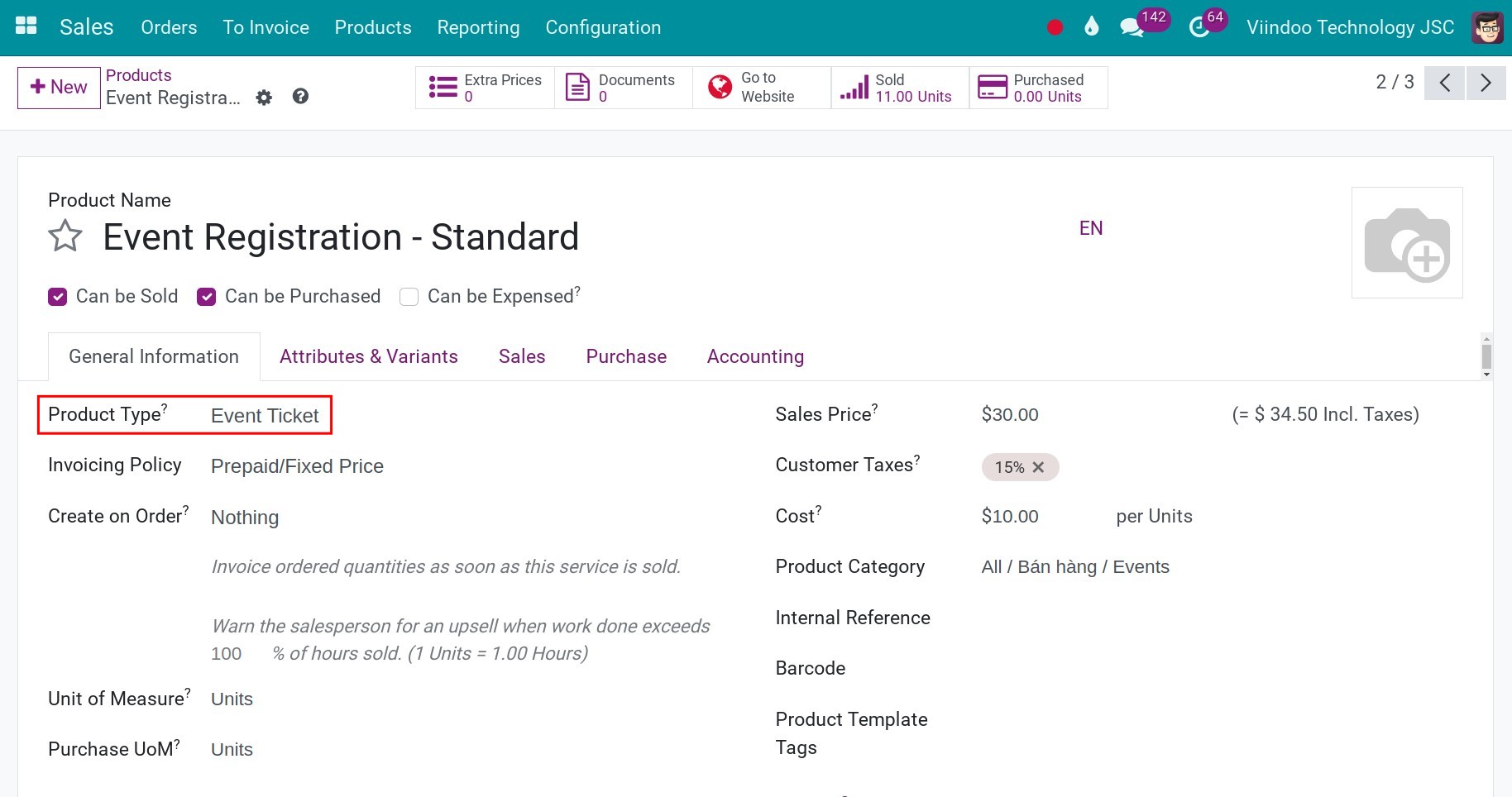 event ticket with product categorized