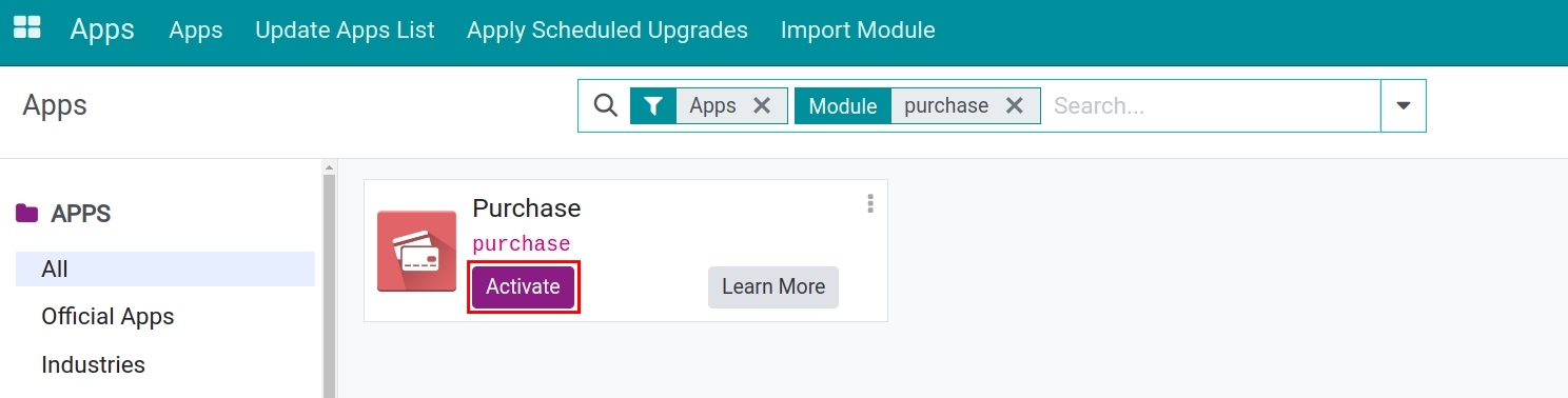 Install Purchase management module in ERP Viindoo.