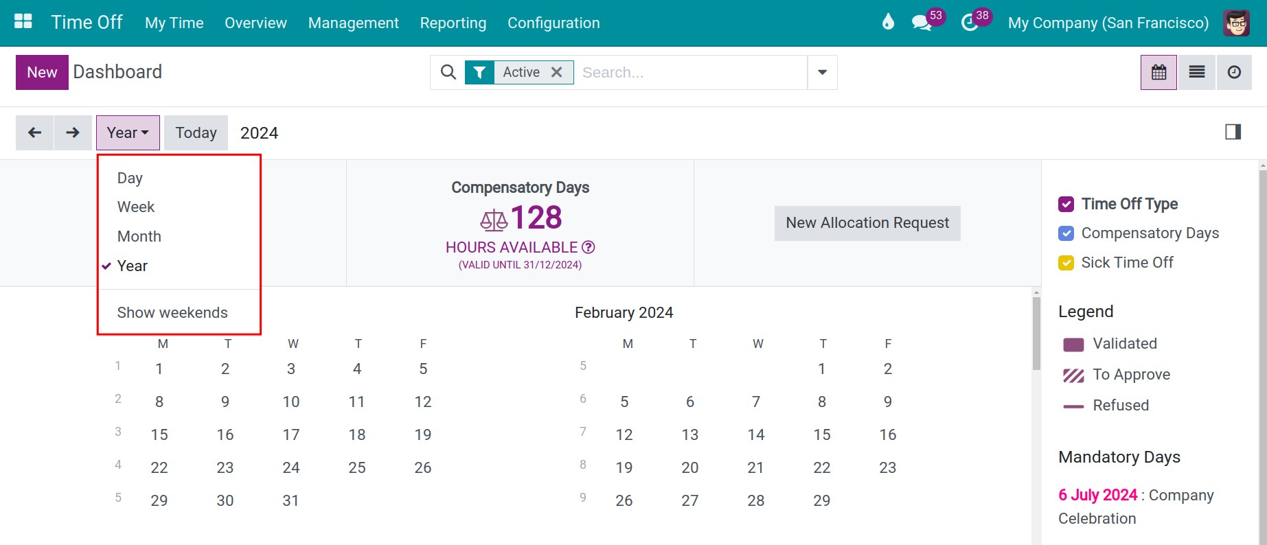 The calendar view in Viindoo Time Off.