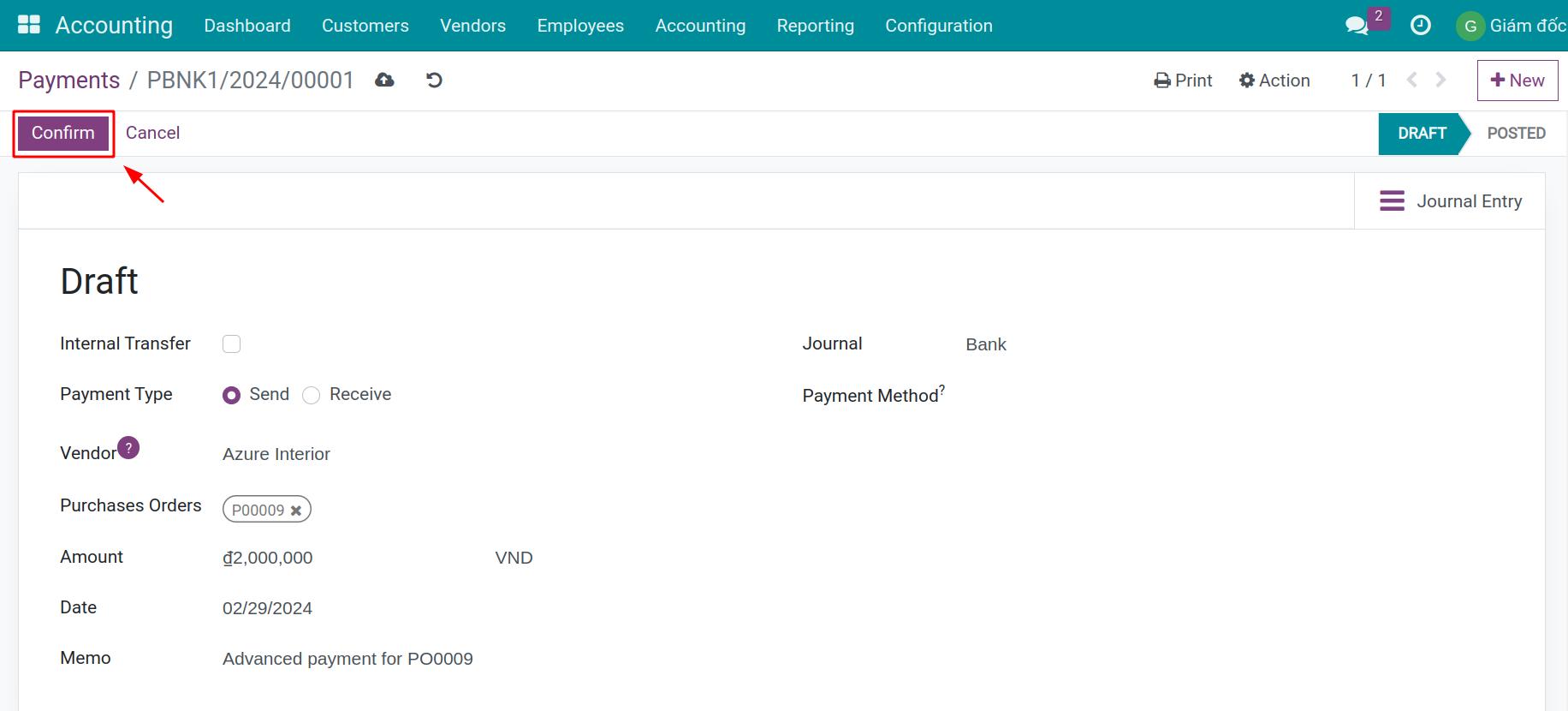 Confirm the payment for Viindoo PO