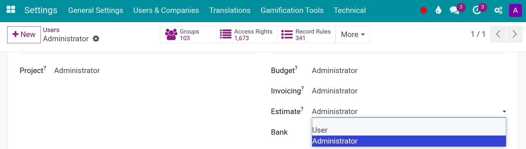 Access rights of Estimate app in Viindoo