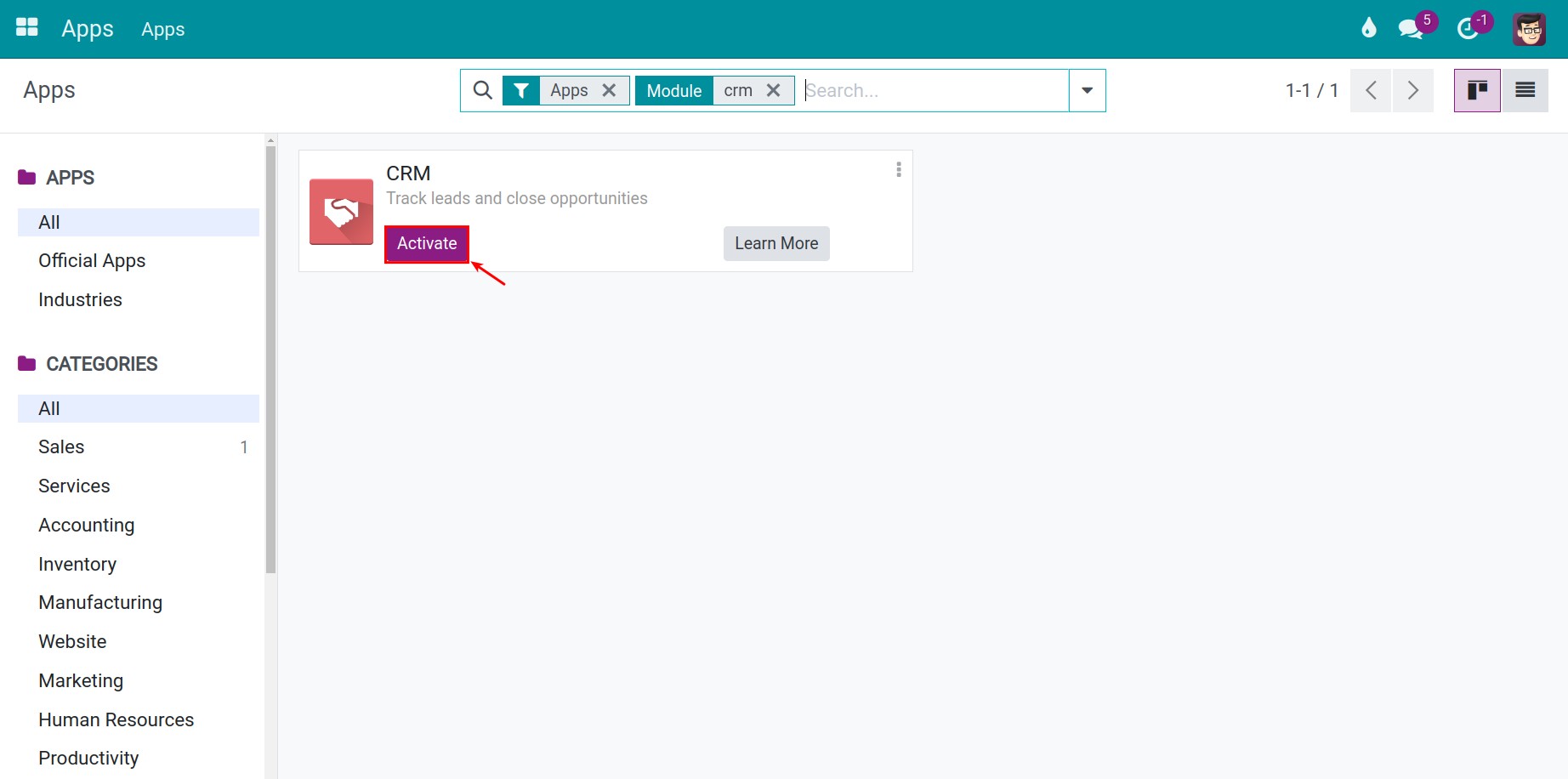 Install CRM application in Viindoo