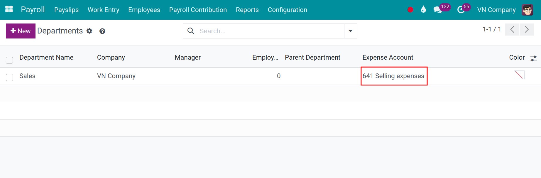 Configure accounting account for a department - Viindoo payroll app
