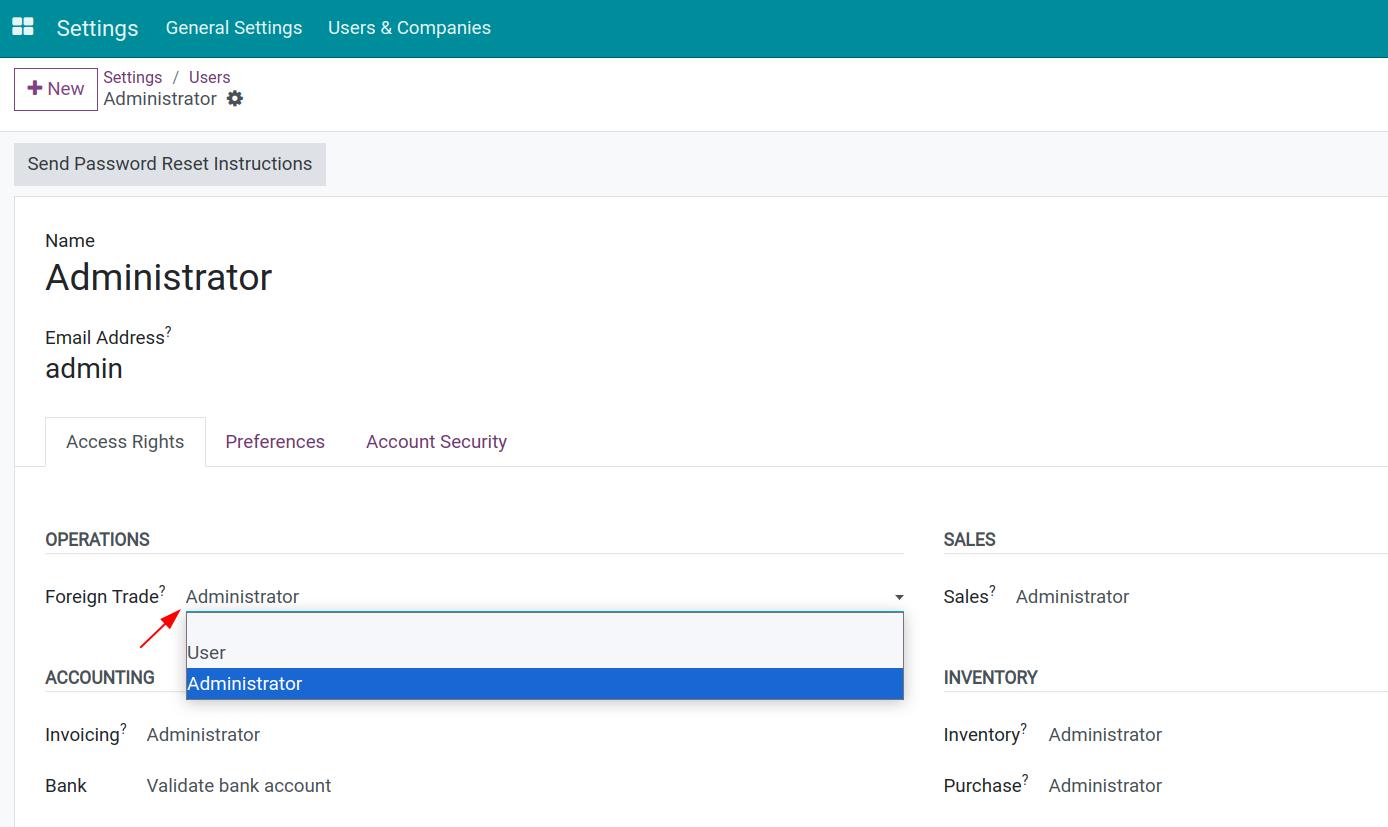 Configure access rights for the Viindoo Foreign Trade app
