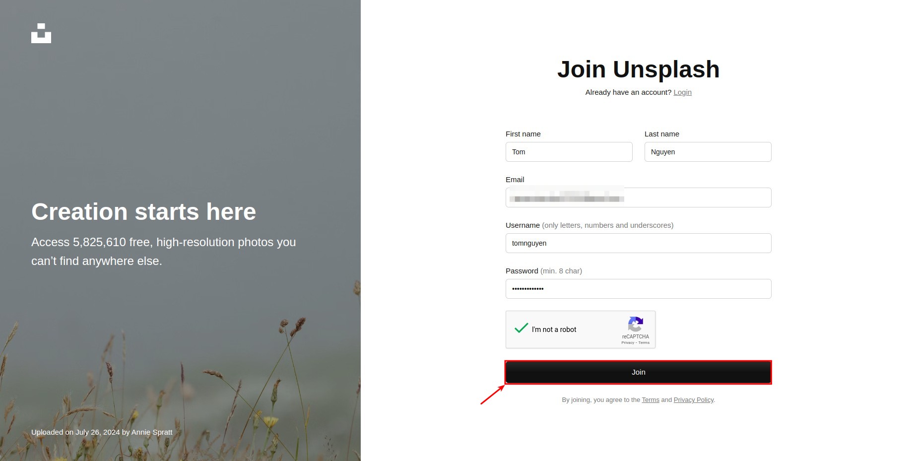 Create an Unsplash account