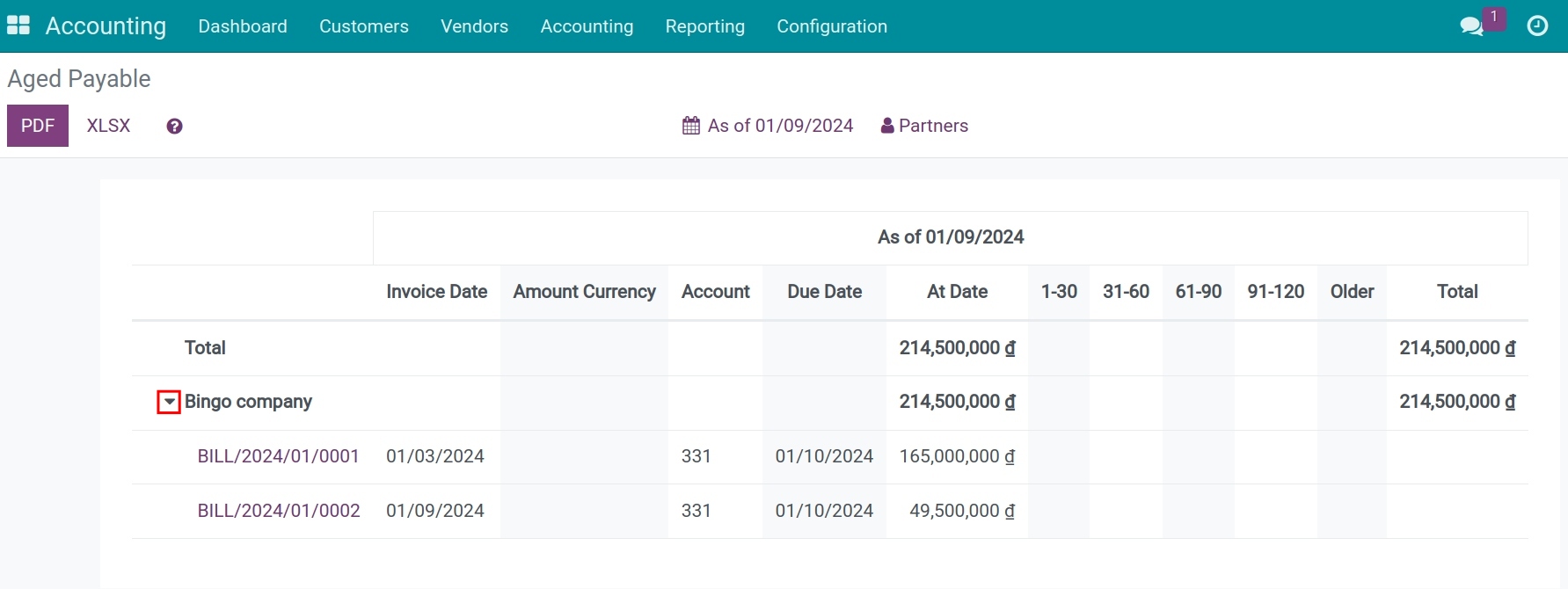 Aged payable report - Viindoo accounting software