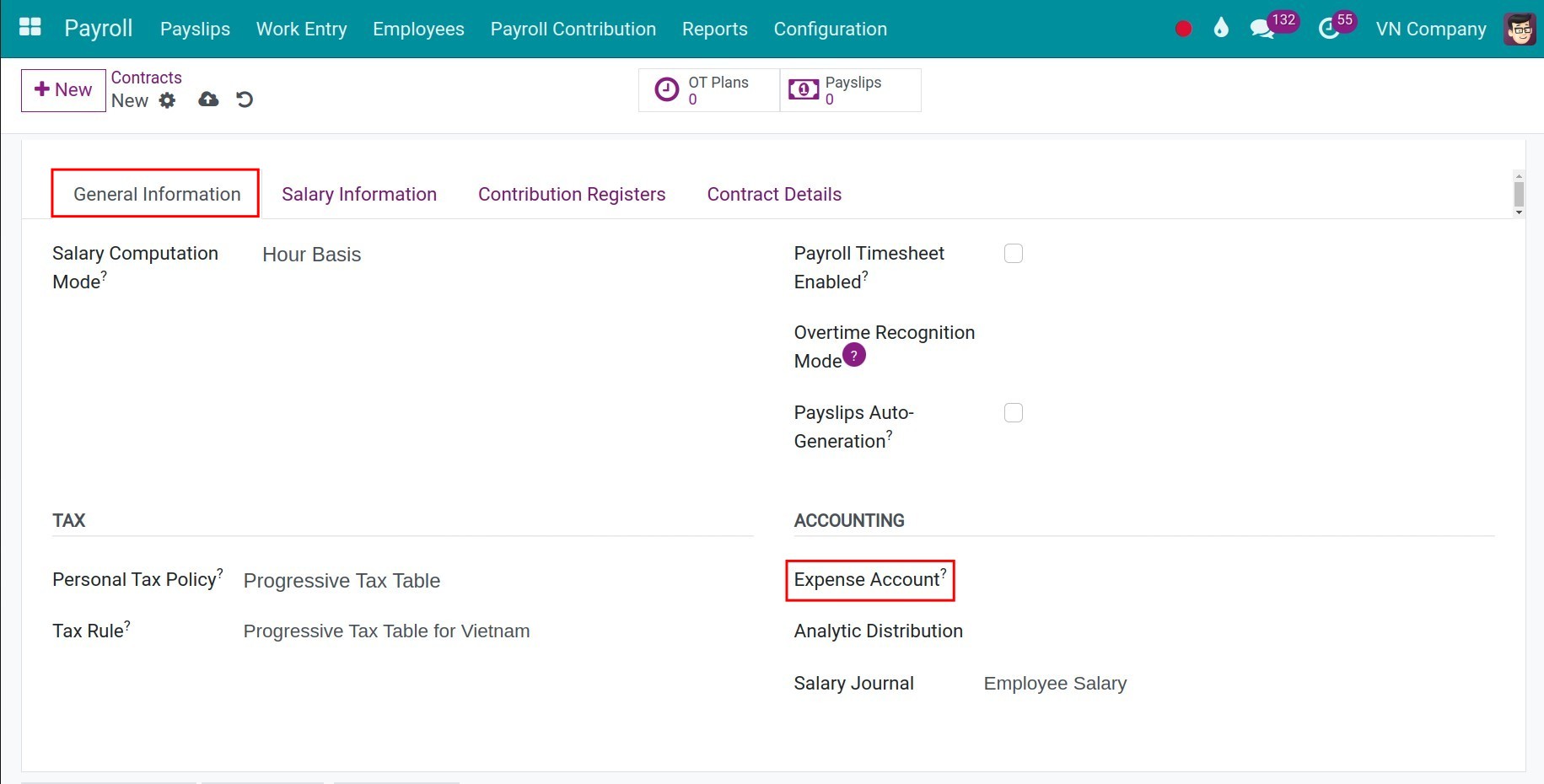Configure accounting account on a contract - Viindoo payroll app