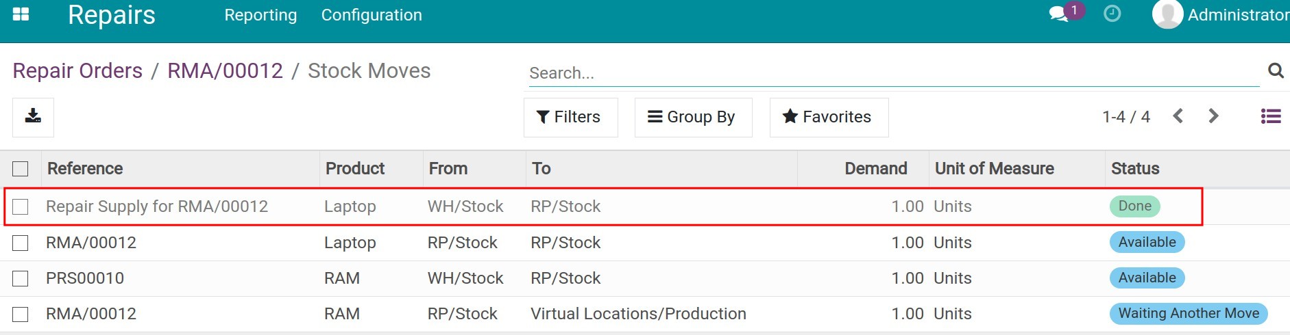 Location transfers of the product to repair