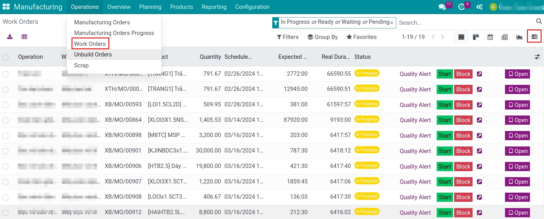 the work orders in Gantt chart
