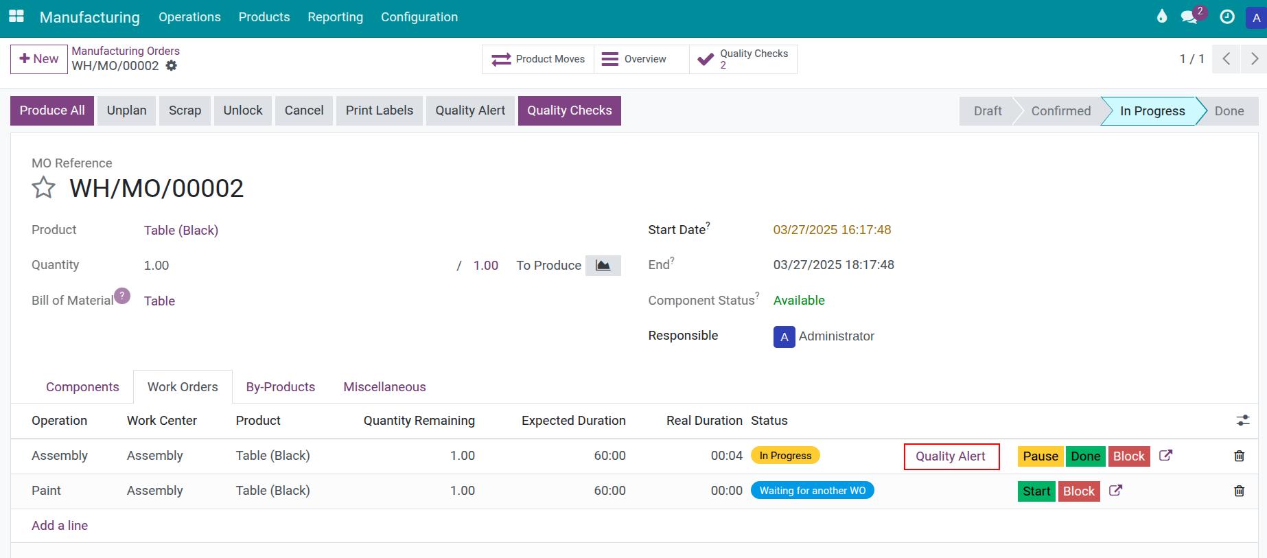 Create quality alert in the manufacturing process