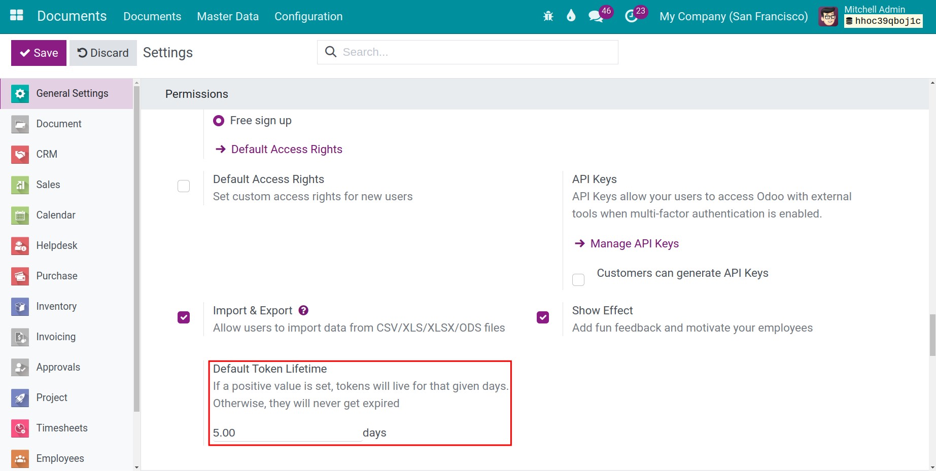 Set up default token lifetime in Viindoo