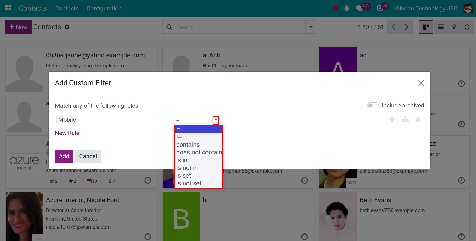 Choosing the criteria for the custom filter