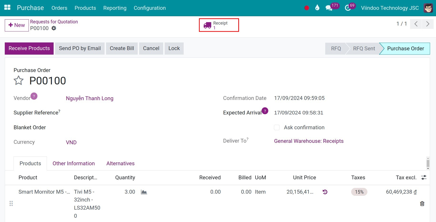 Purchase order according to Putaway Rule Inventory Viindoo