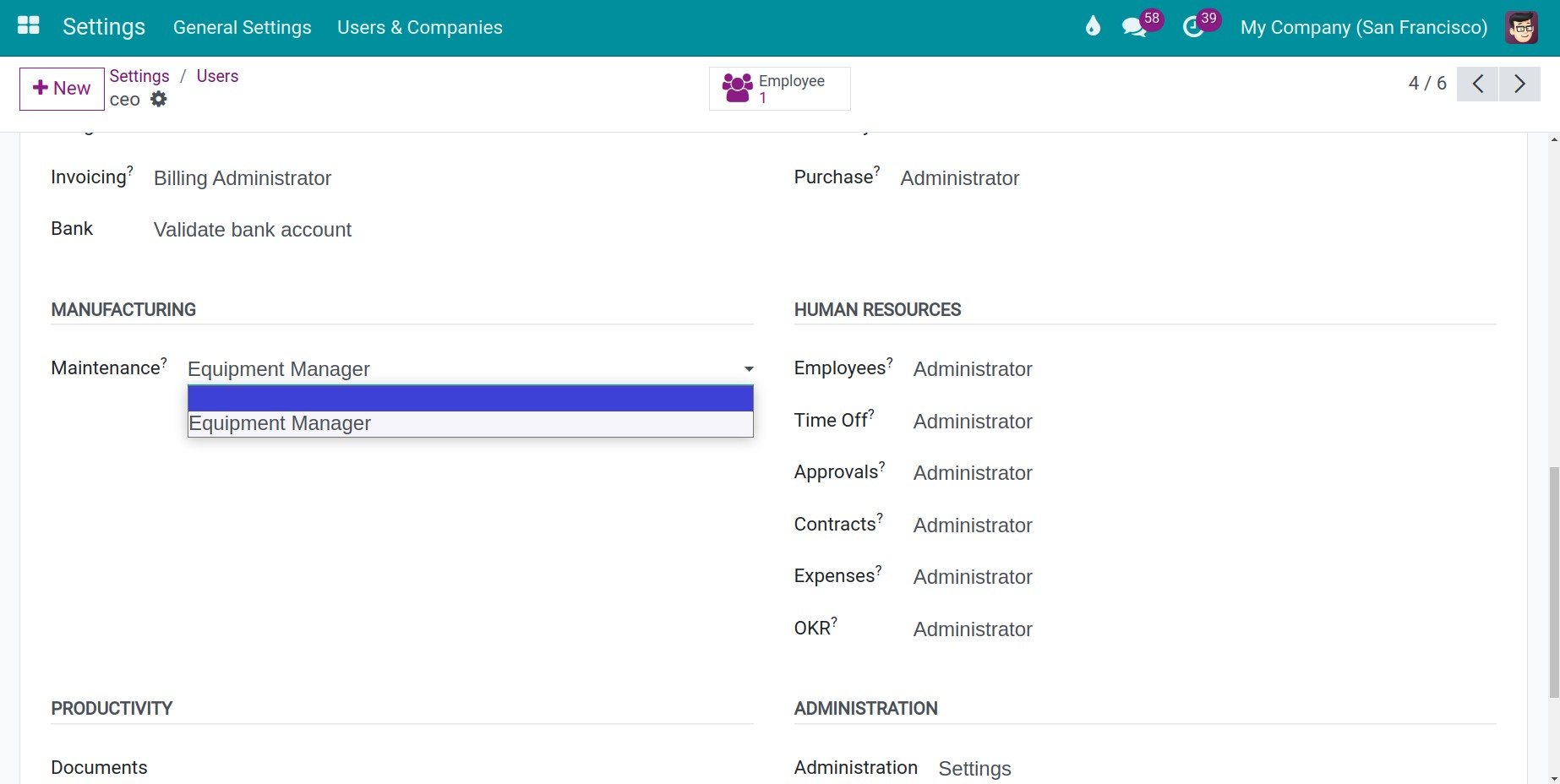 User access right of the Maintenance module.