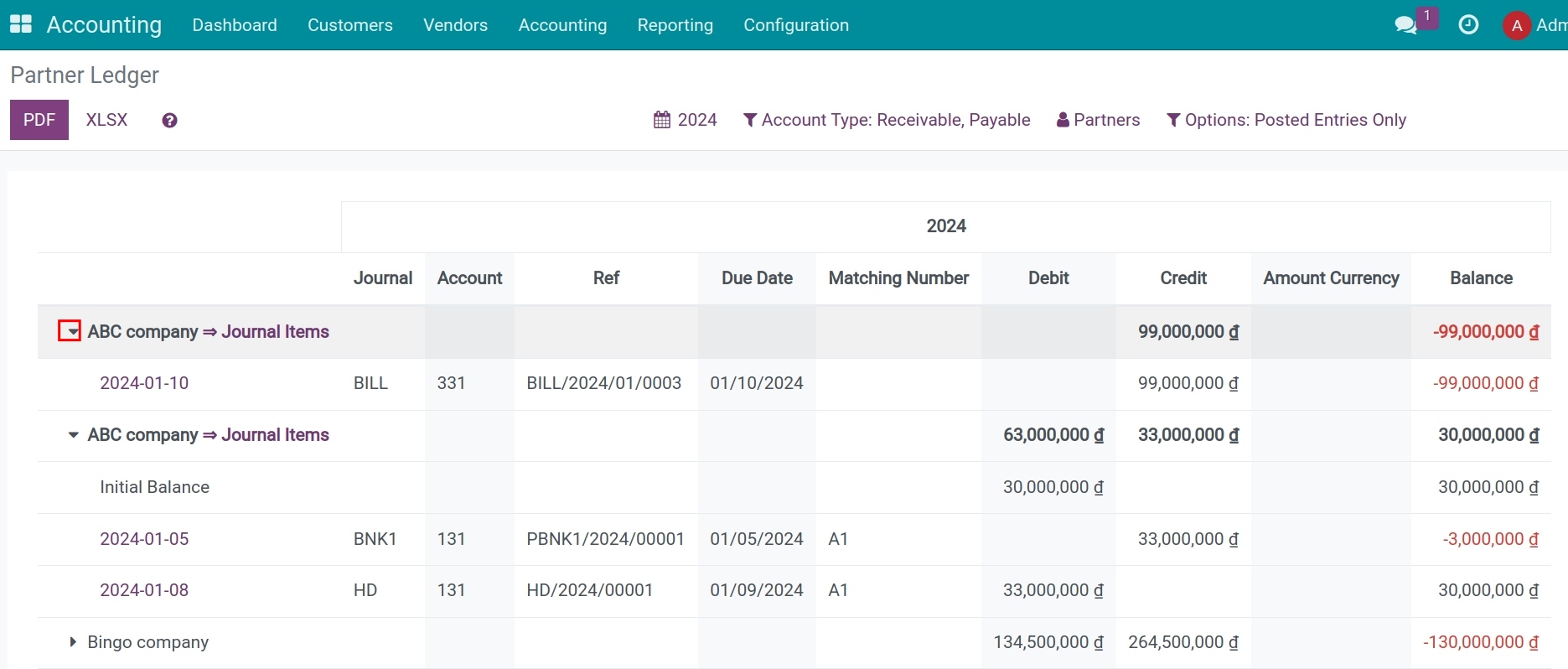 Partner ledger report - Viindoo accounting software