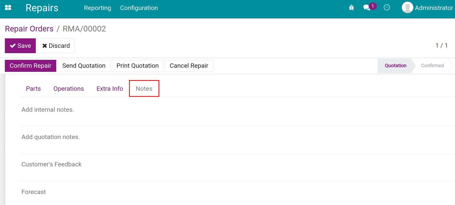 Notes tab on repair oredr.