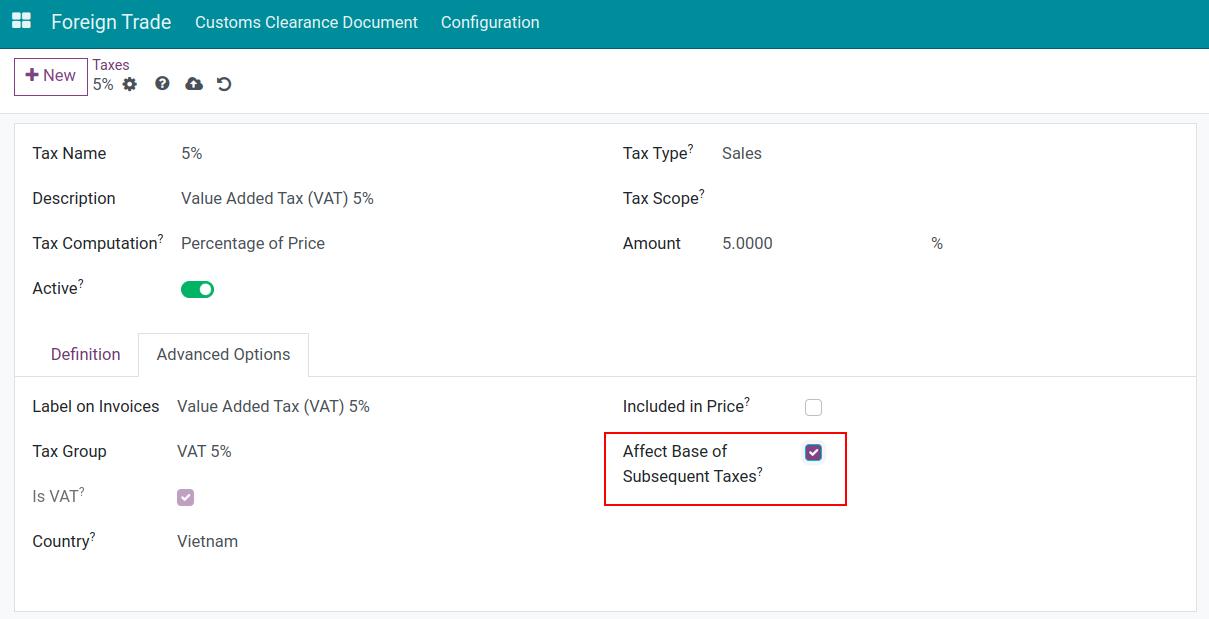 Activate the Affect base of Subsequent Taxes in import tax setting - Viindoo Foreign Trade