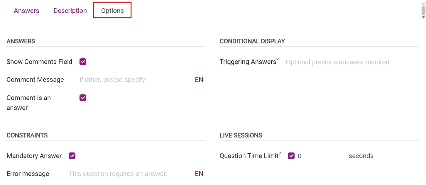 Questions Options