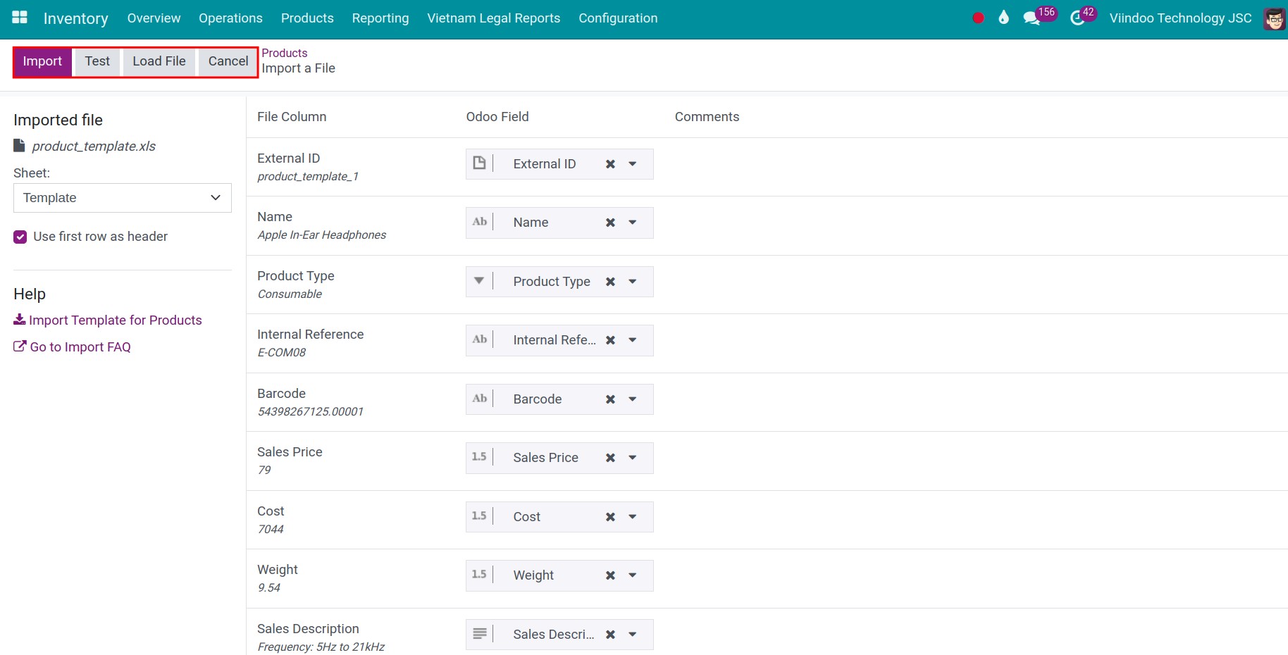 Import buttons on the Viindoo user interface