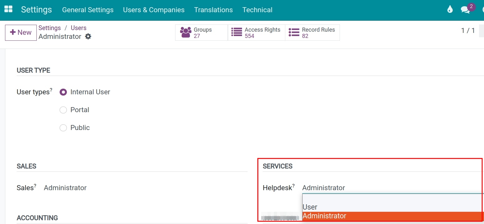 Assign access rights Helpdesk Viindoo