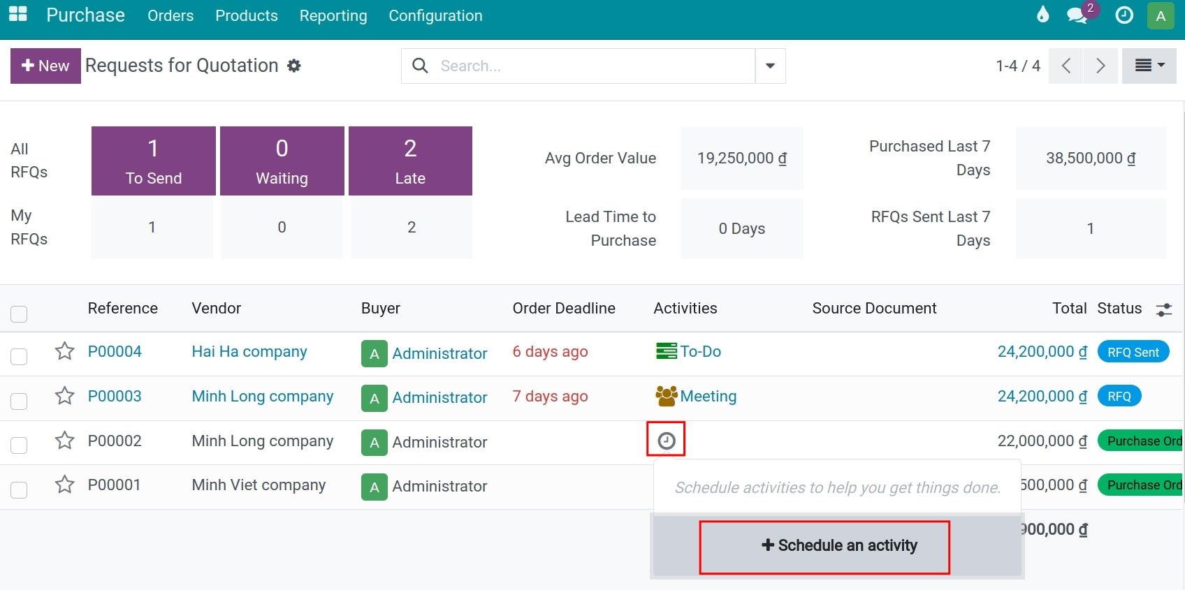 Next Activity Activity Assignment General view Purchase app ERP Viindoo