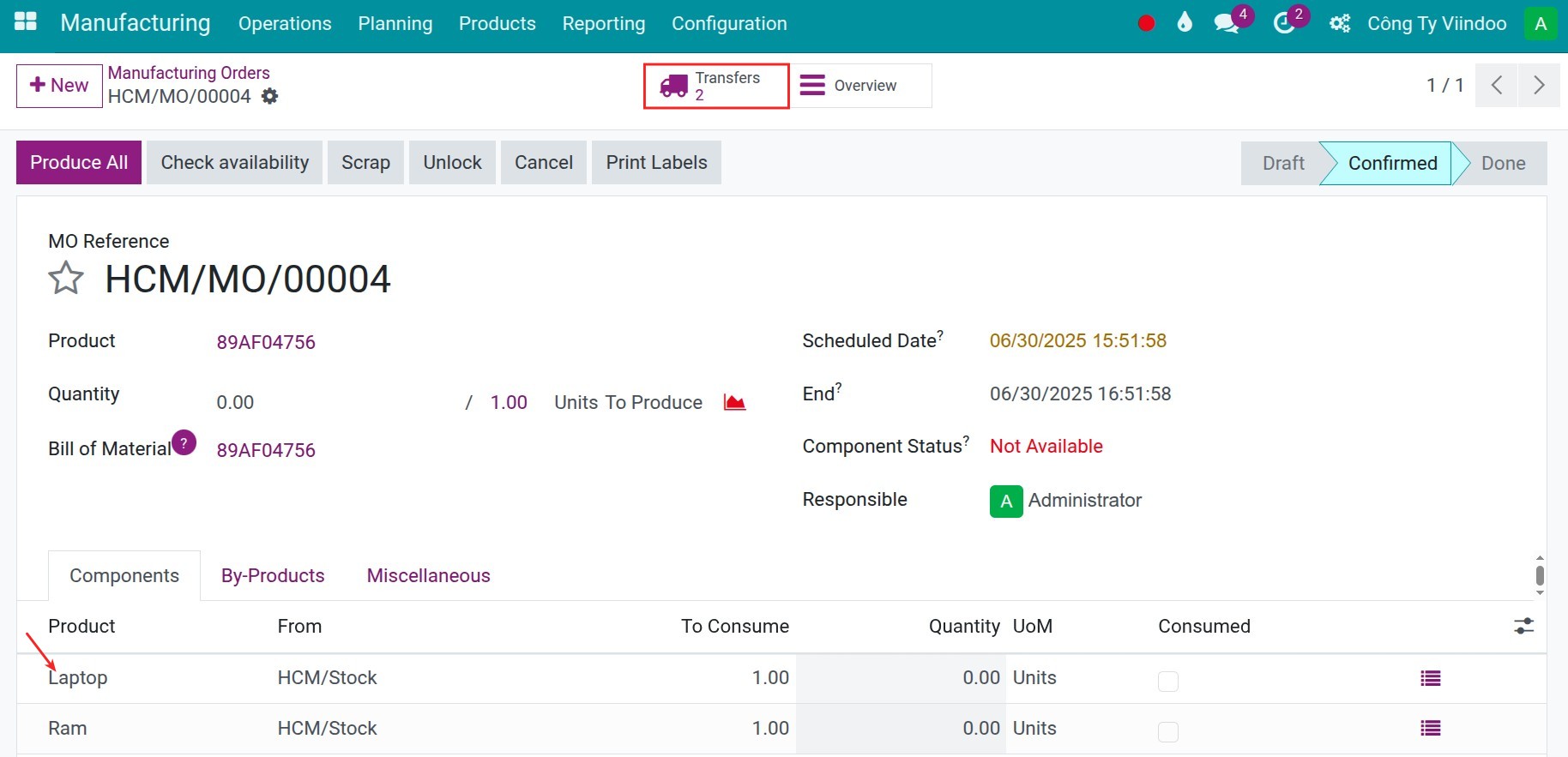 Internal transfers from manufacturing order