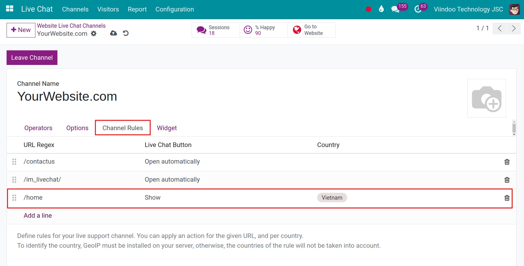 Channel rules settings up