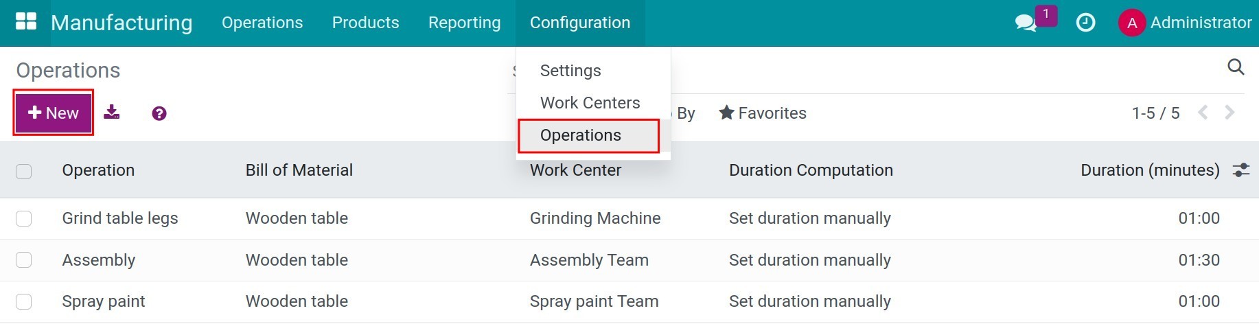 Configure manufacturing operation
