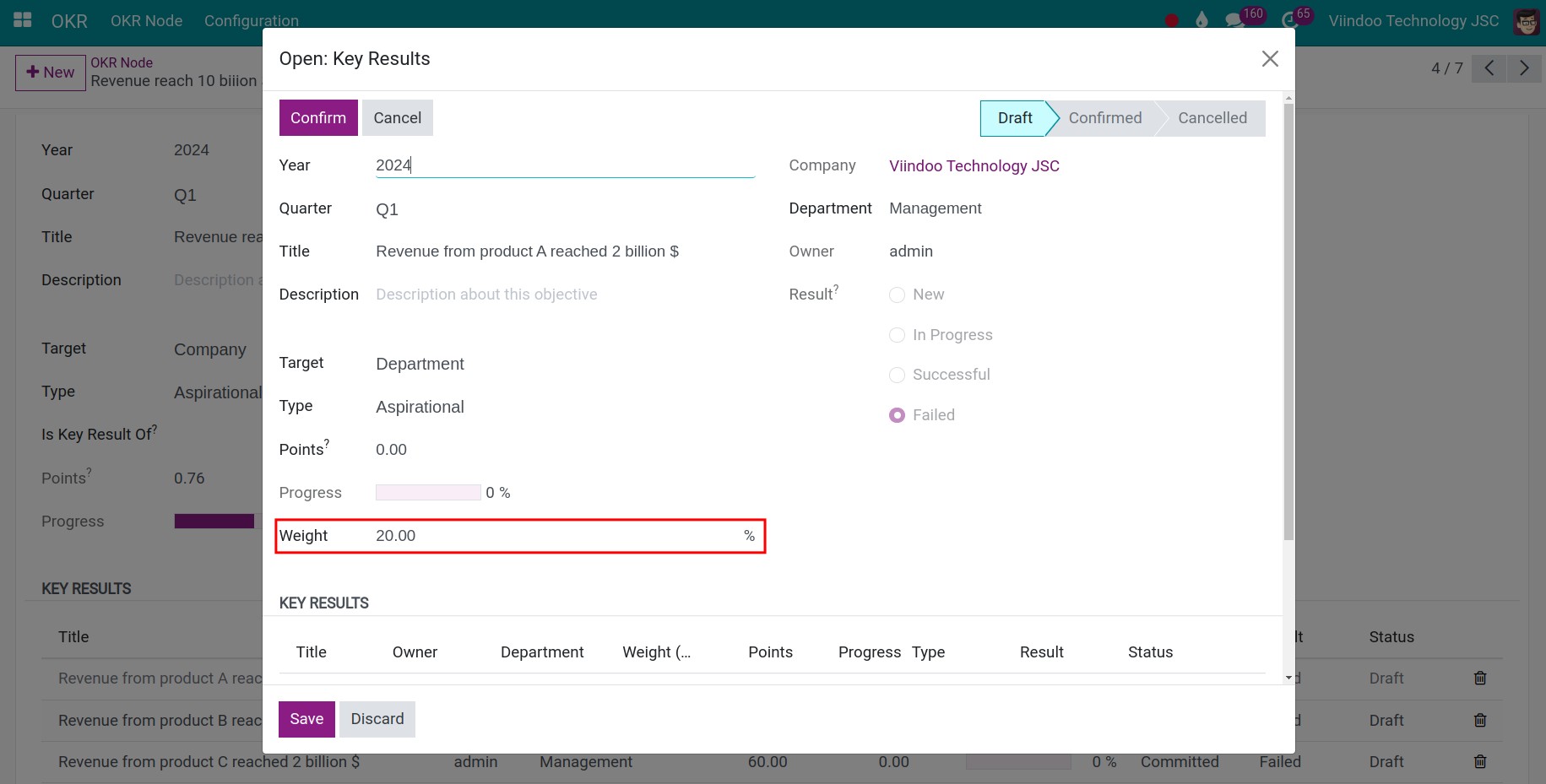 Configure weight for each key result in Viindoo OKR