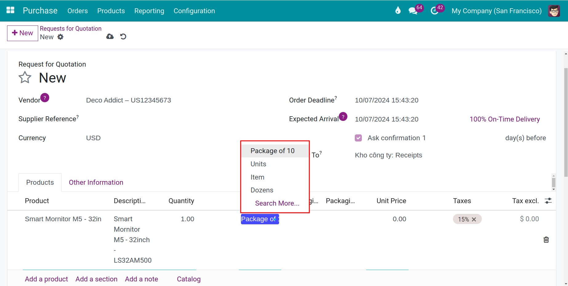 Choose a unit of measure on request for quotation in Viindoo Inventory software management