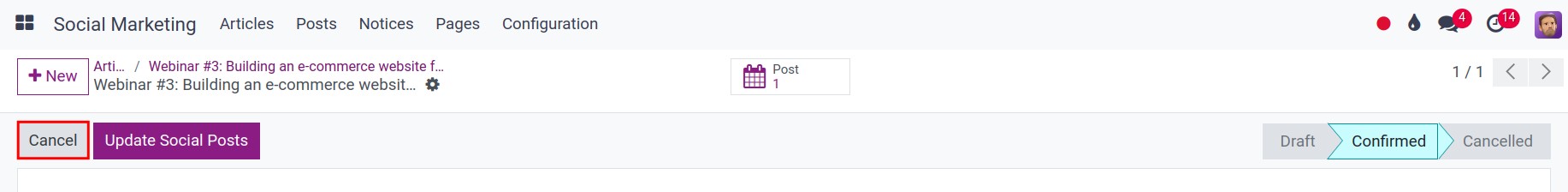 Cancel the article in Viindoo Social Marketing app