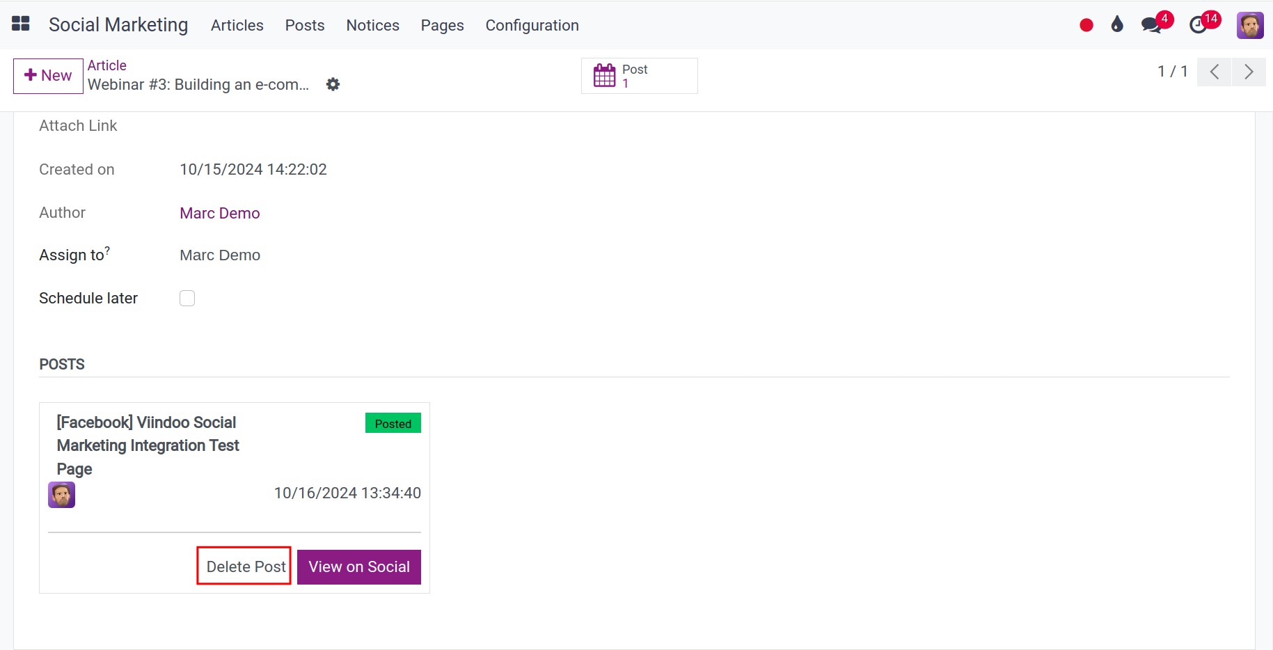 Delete posts in Social Marketing app