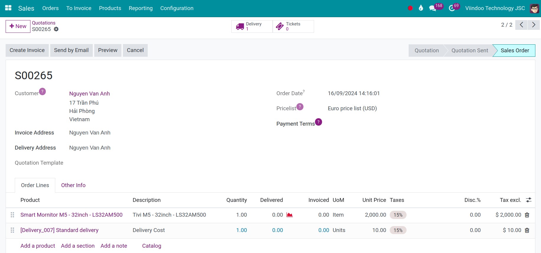 Vindoo user interface of invoice creation