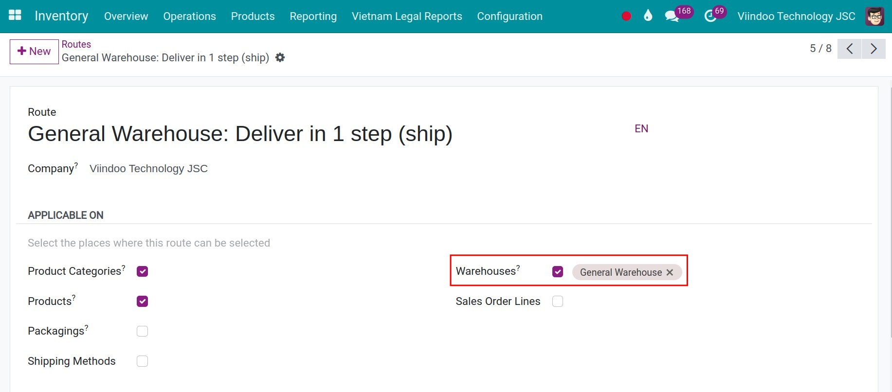 Route configuration on Warehouses Inventory Viindoo