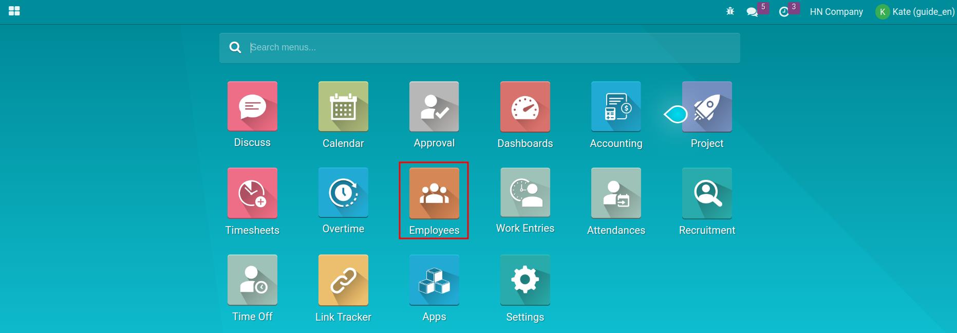 View of Employee menu for employee document