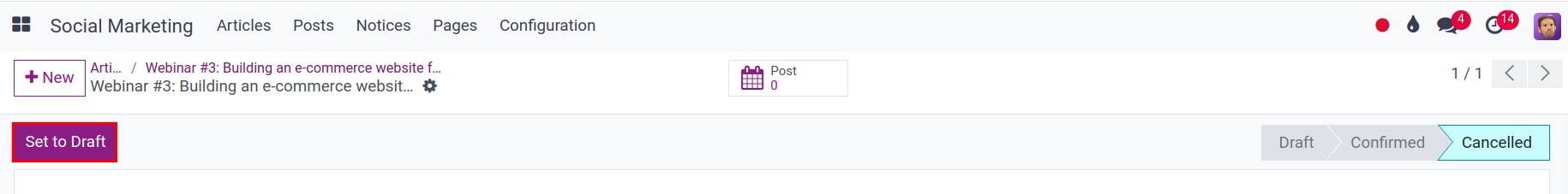 Set the article to draft in Viindoo Social Marketing app