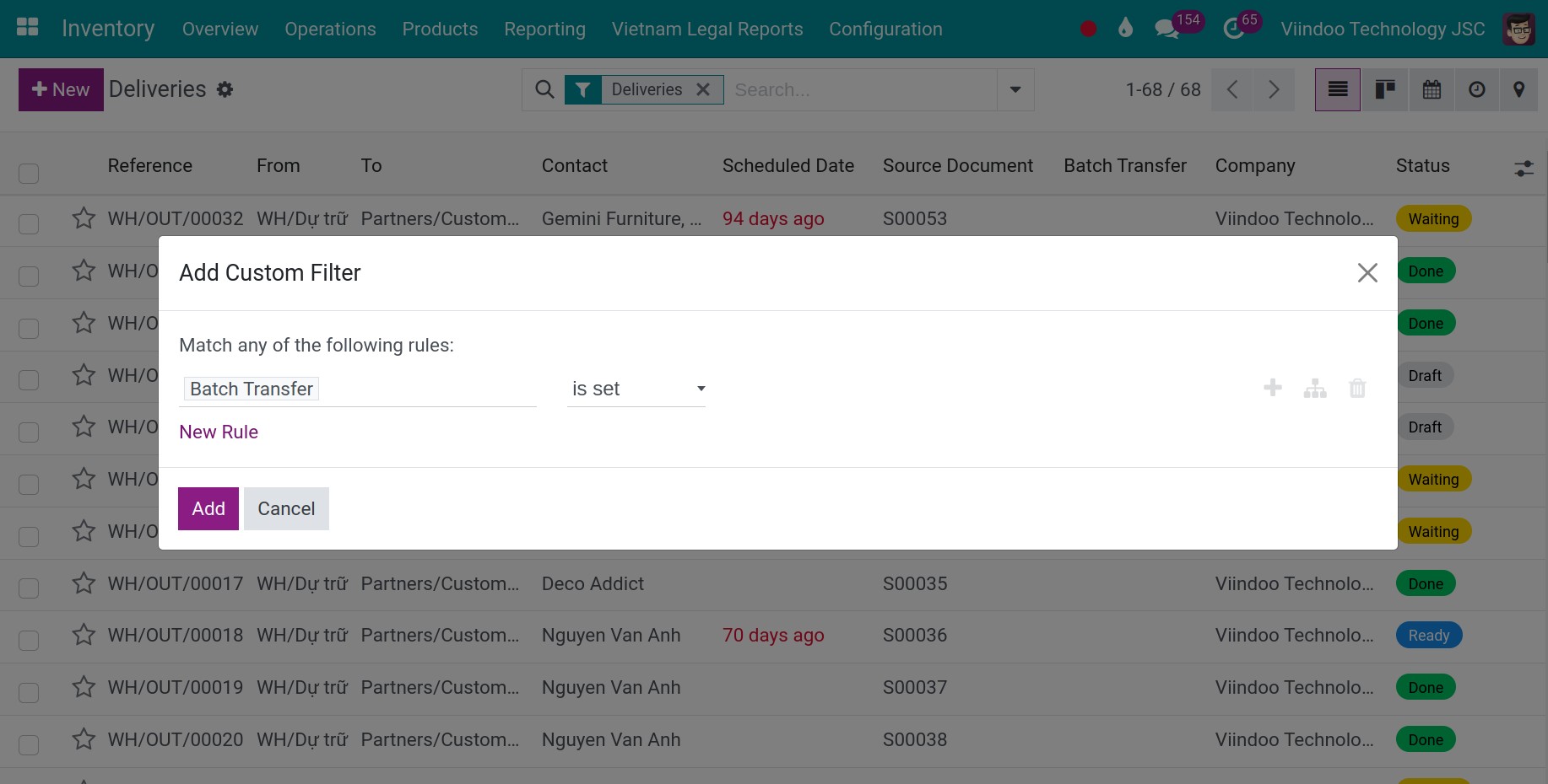 Batch transfers filter