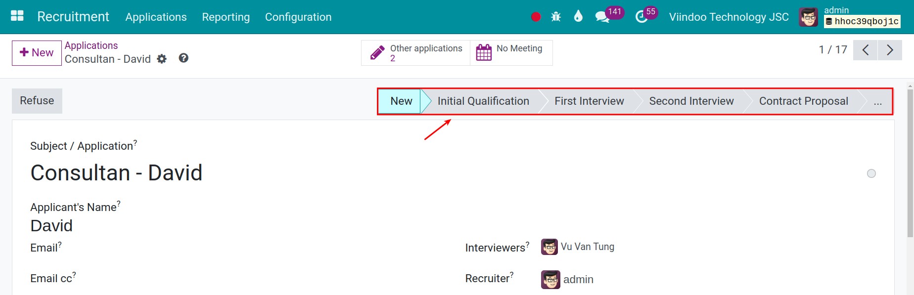 Move the application stage in the view of applicants