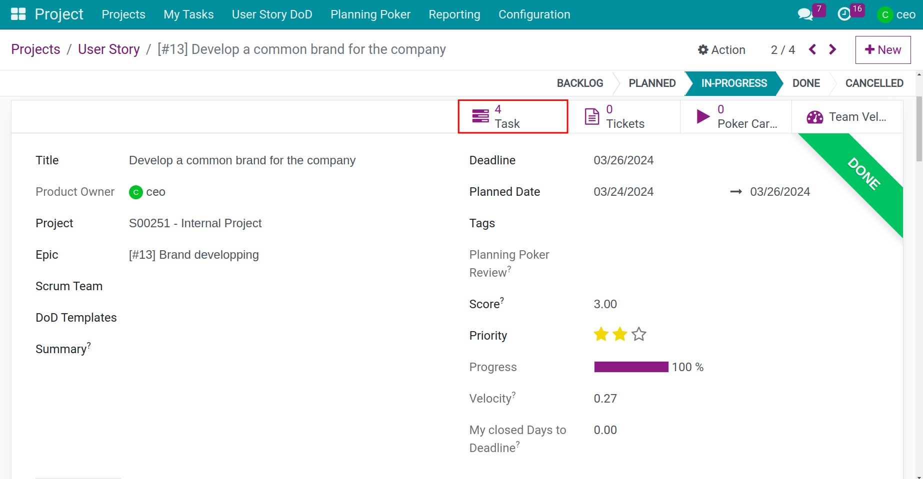 press task button on the user story