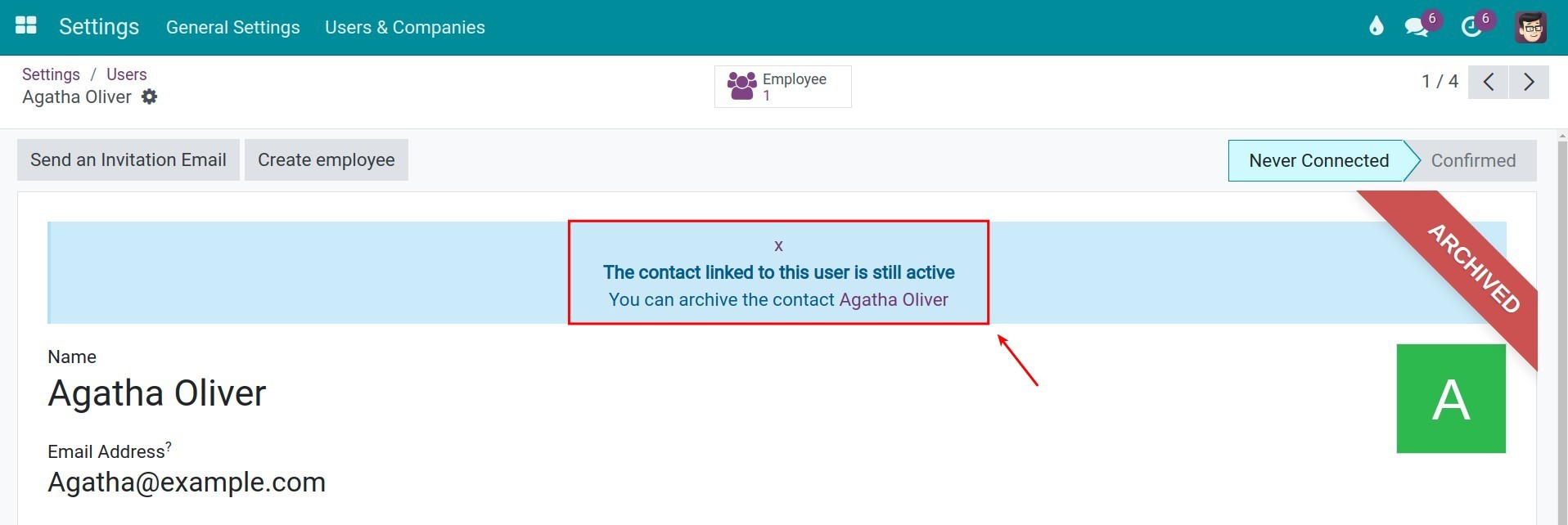 The User account after archive