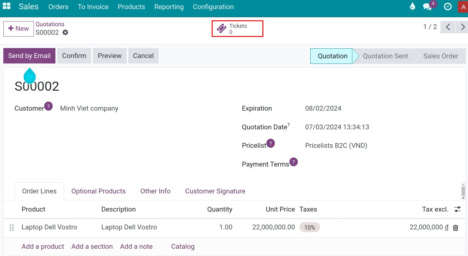 Quotation details Sales app Viindoo