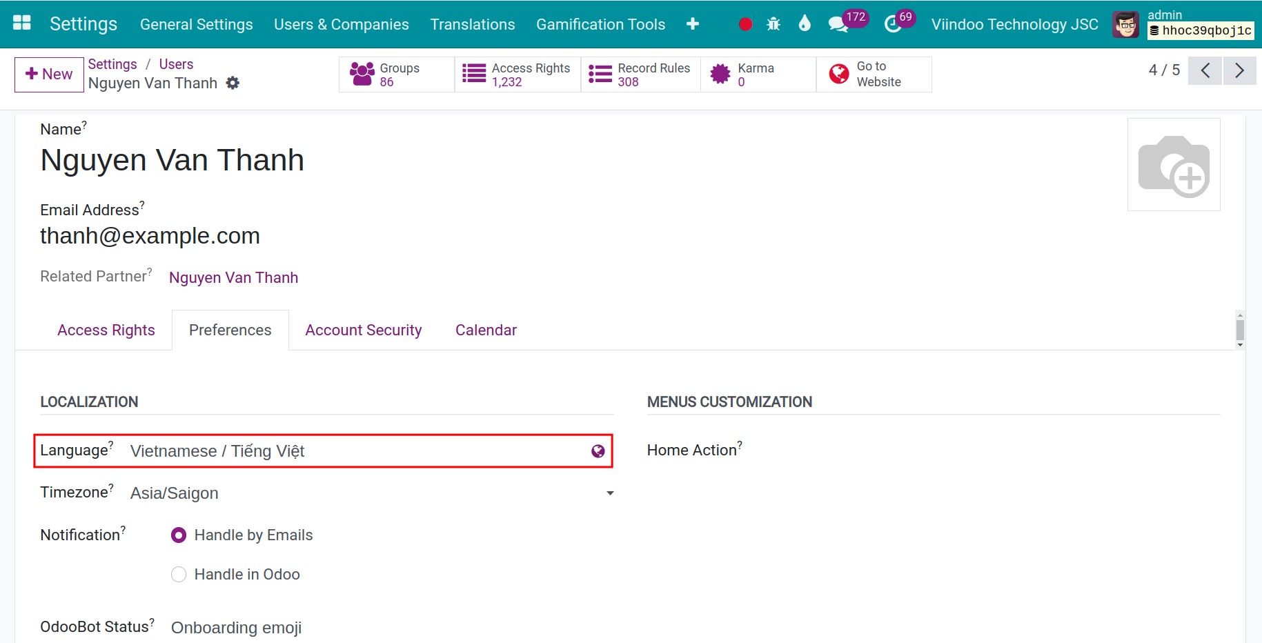 New language succesfully set up for user