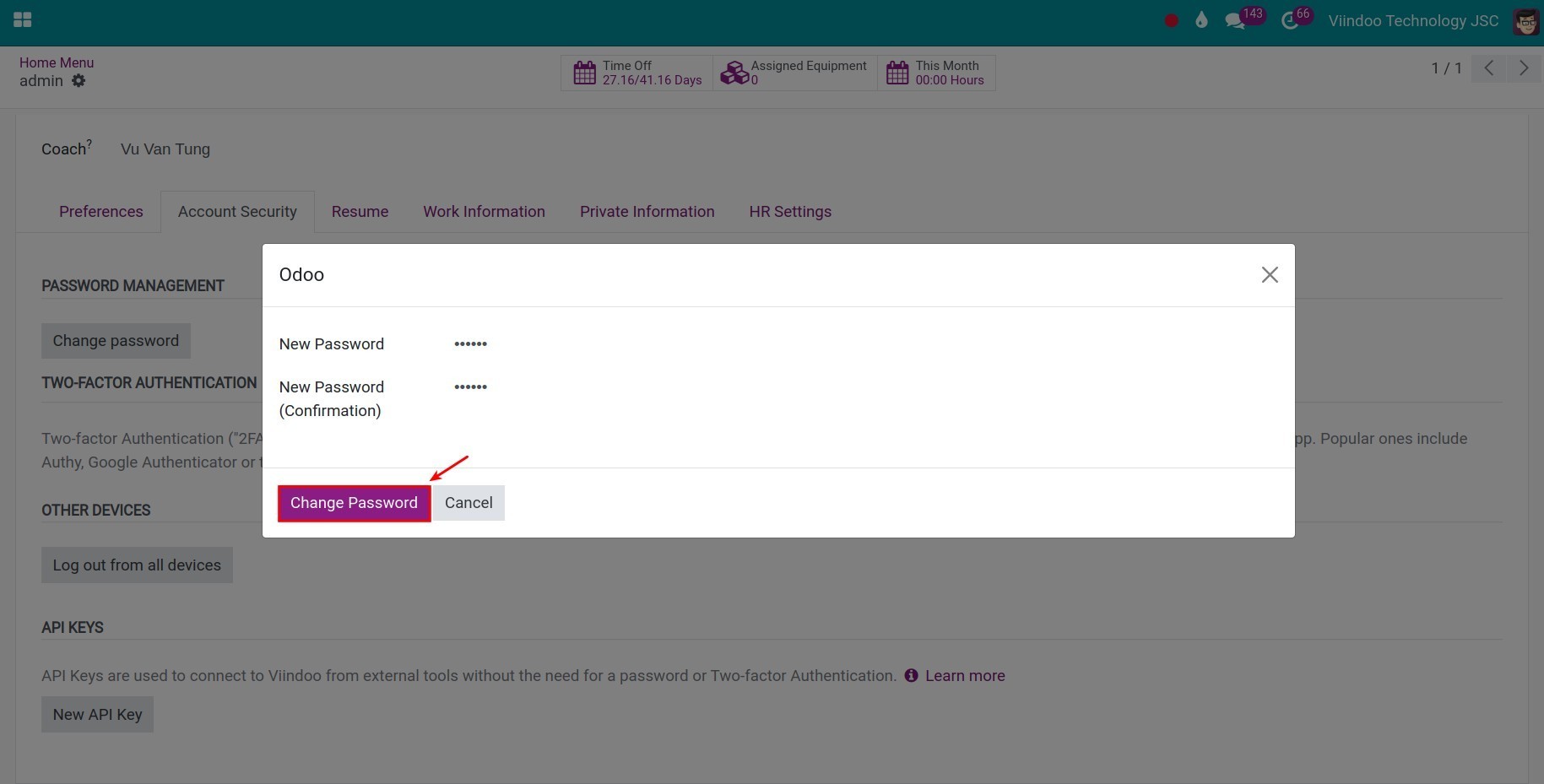 Create a new password in Viindoo