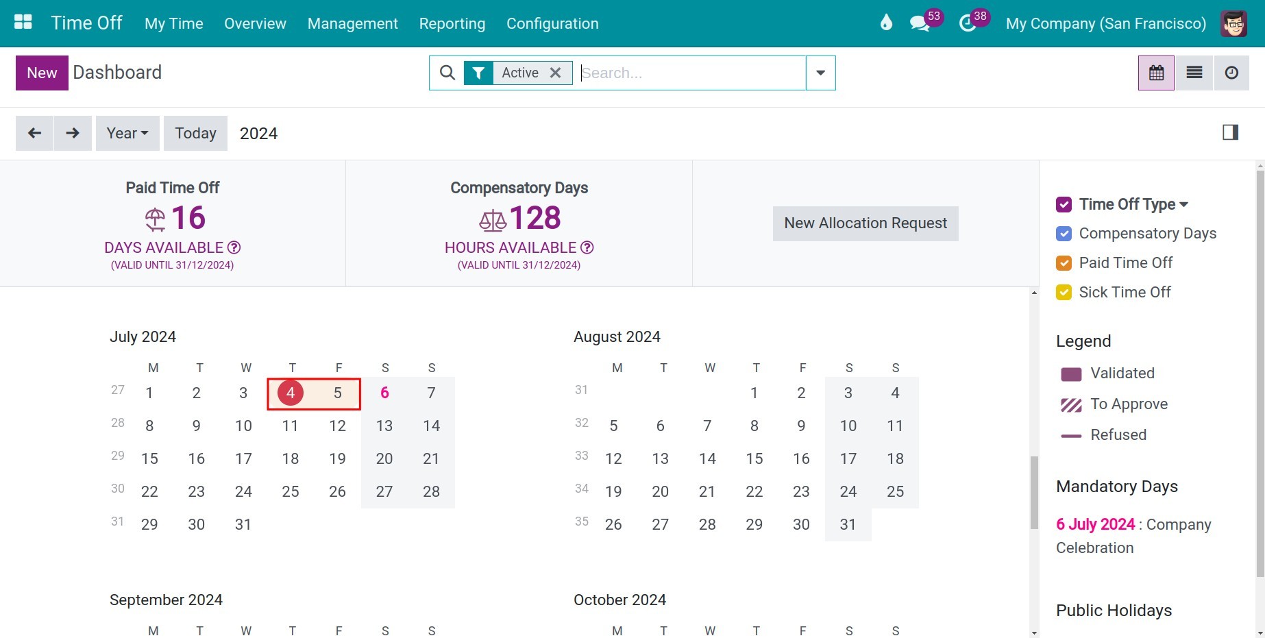 Display Time Off in Viindoo Calendar application