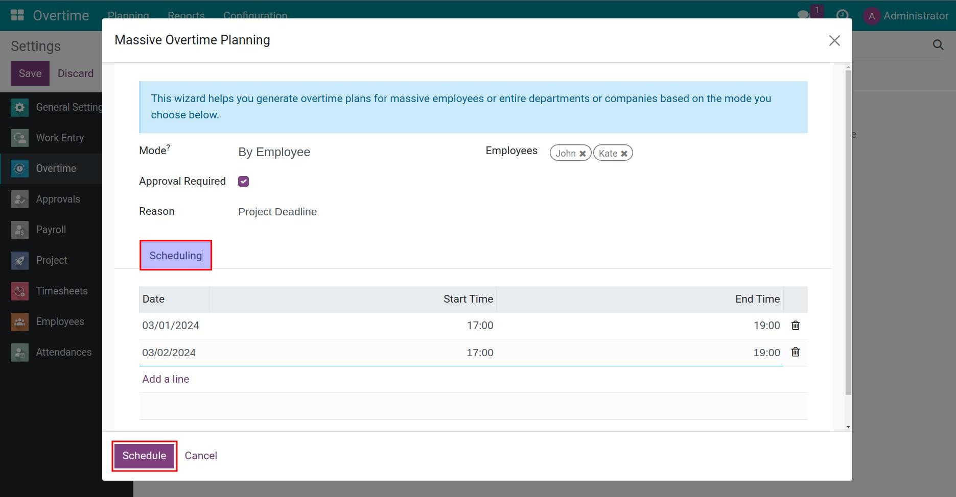 Scheduling tab