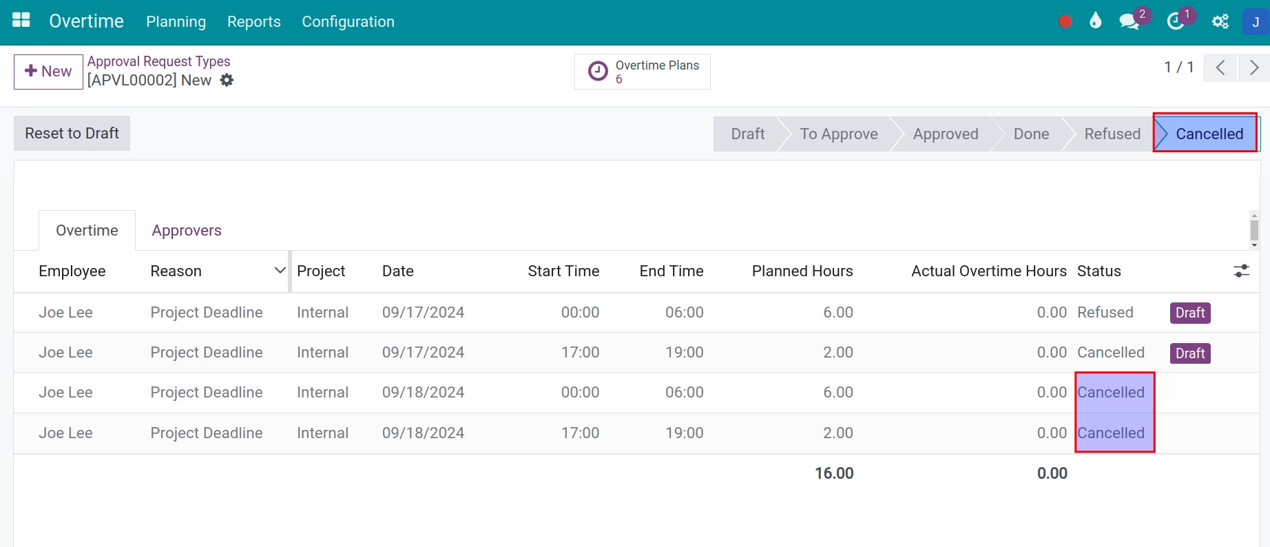 Overtime approval request cancel
